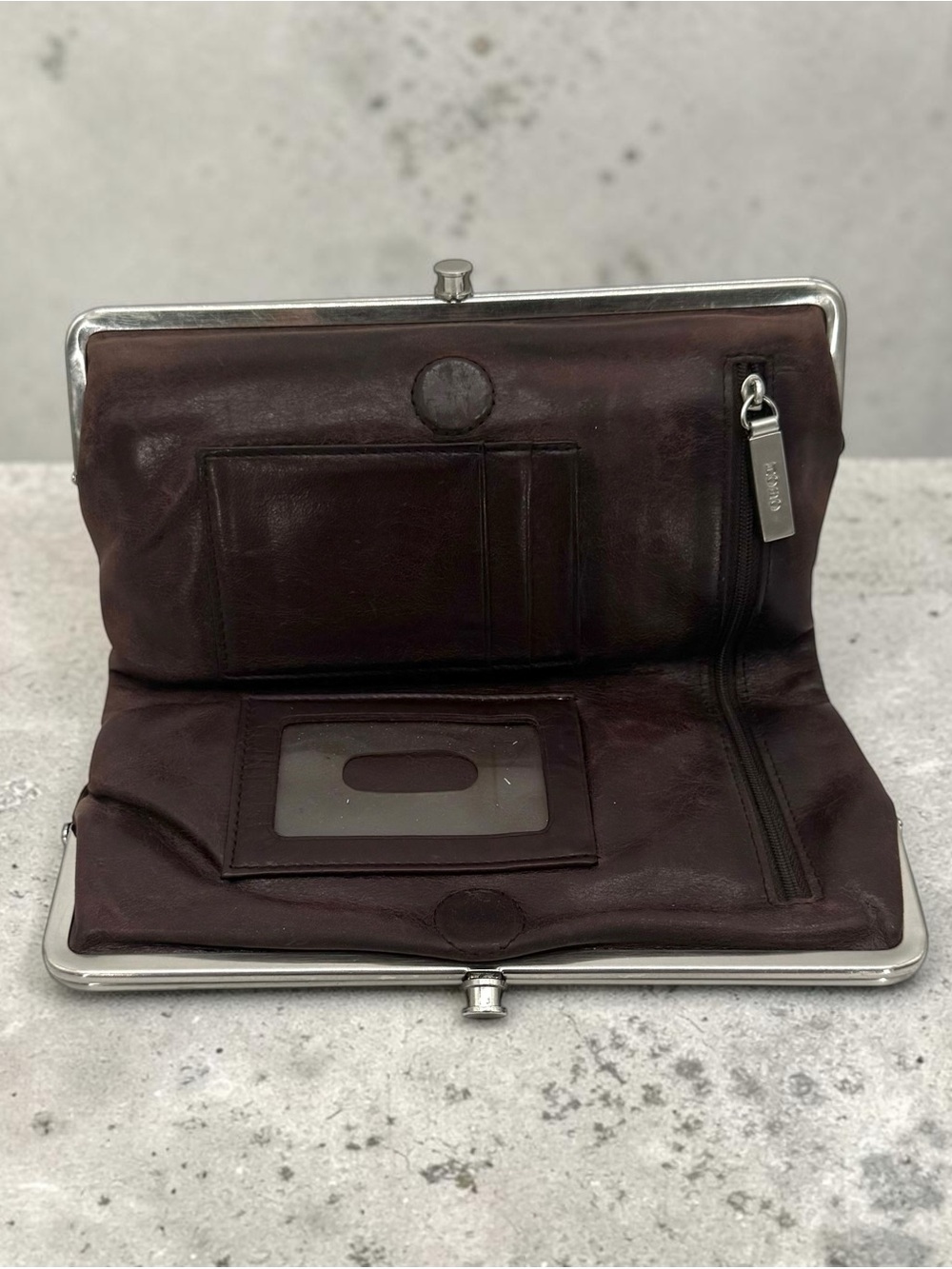 HOBO Dark Brown Leather Frame Wallet with ID Window